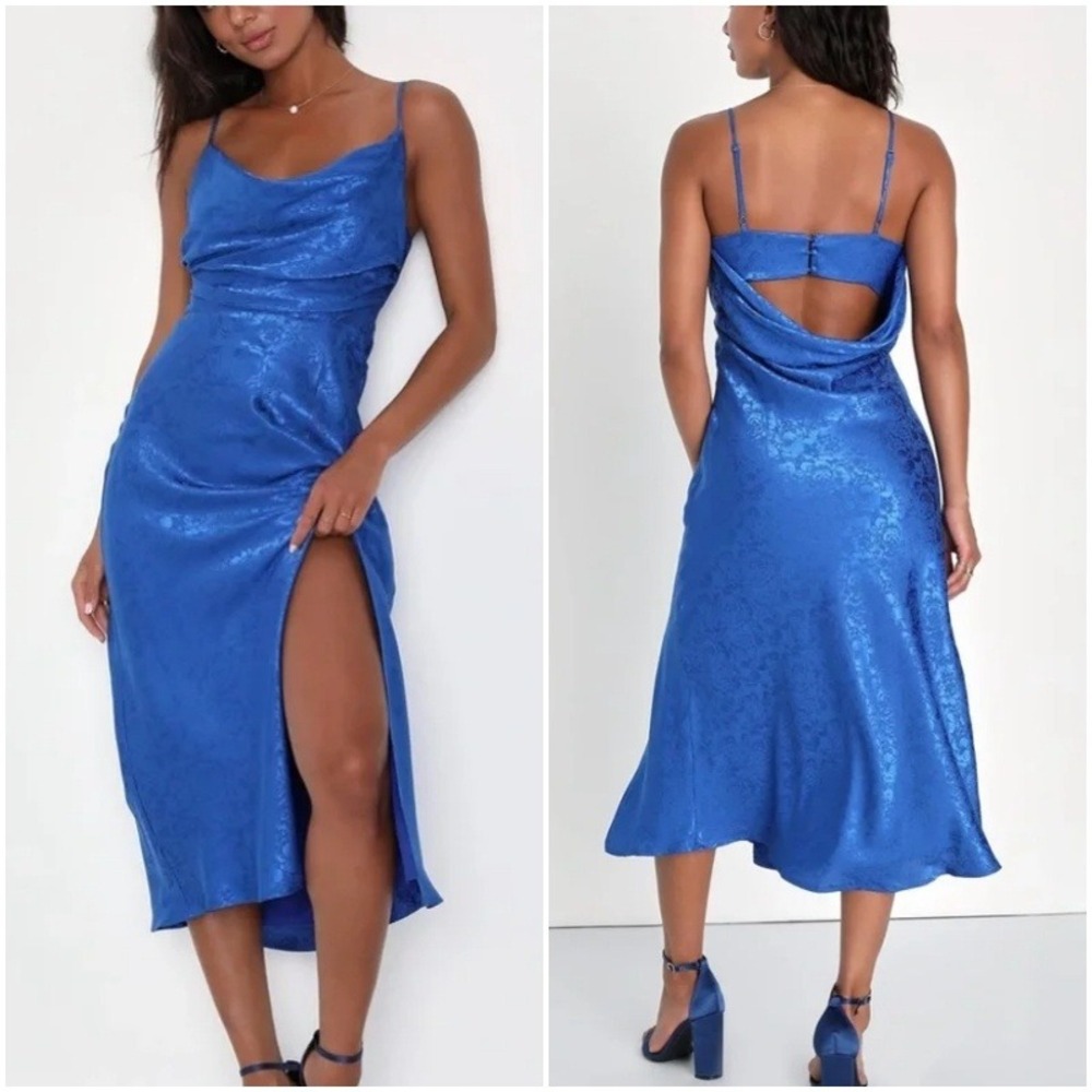 Lulu's Stunning Radiance Royal Blue Satin Jacquard Cowl Midi Dress Large Slip